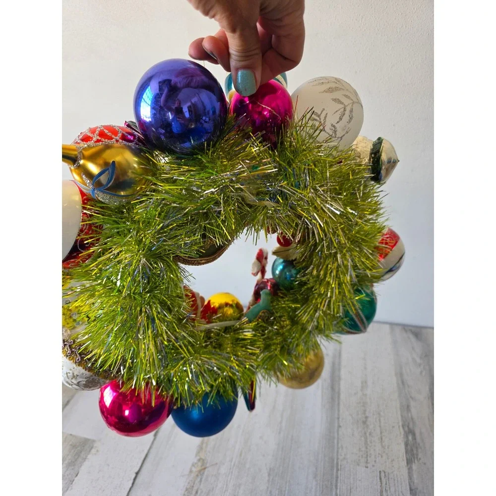 Antique vintage glass ornament wreath pixie knee hugger Santa Xmas hanging decor